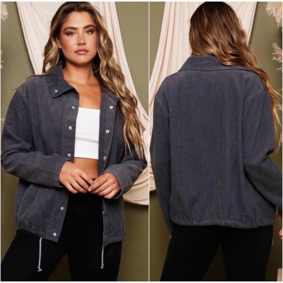 Dark Grey Women’s Corduroy Snap Button Down Fall Cute Trendy Shacket - Picture 1 of 2